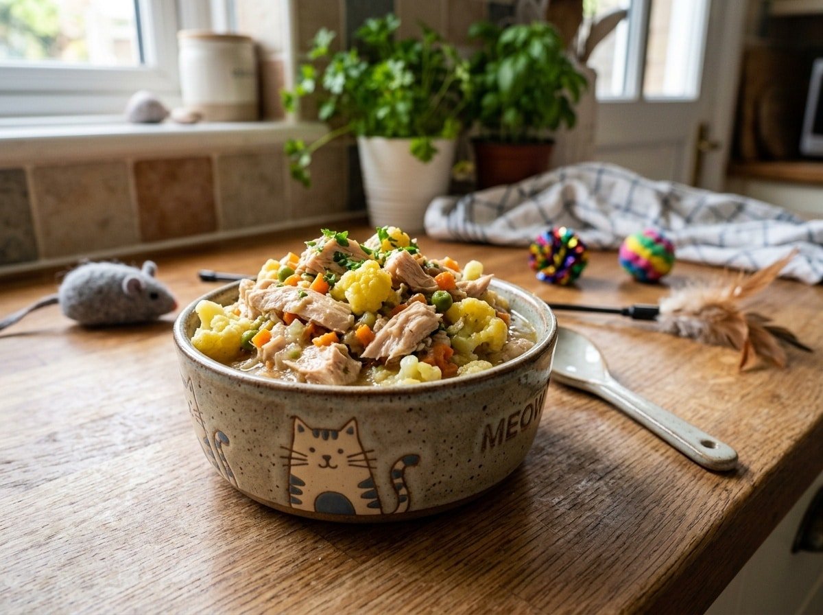 Bowl of chicken and cauliflower cat food with colorful vegetables, set on a kitchen counter.