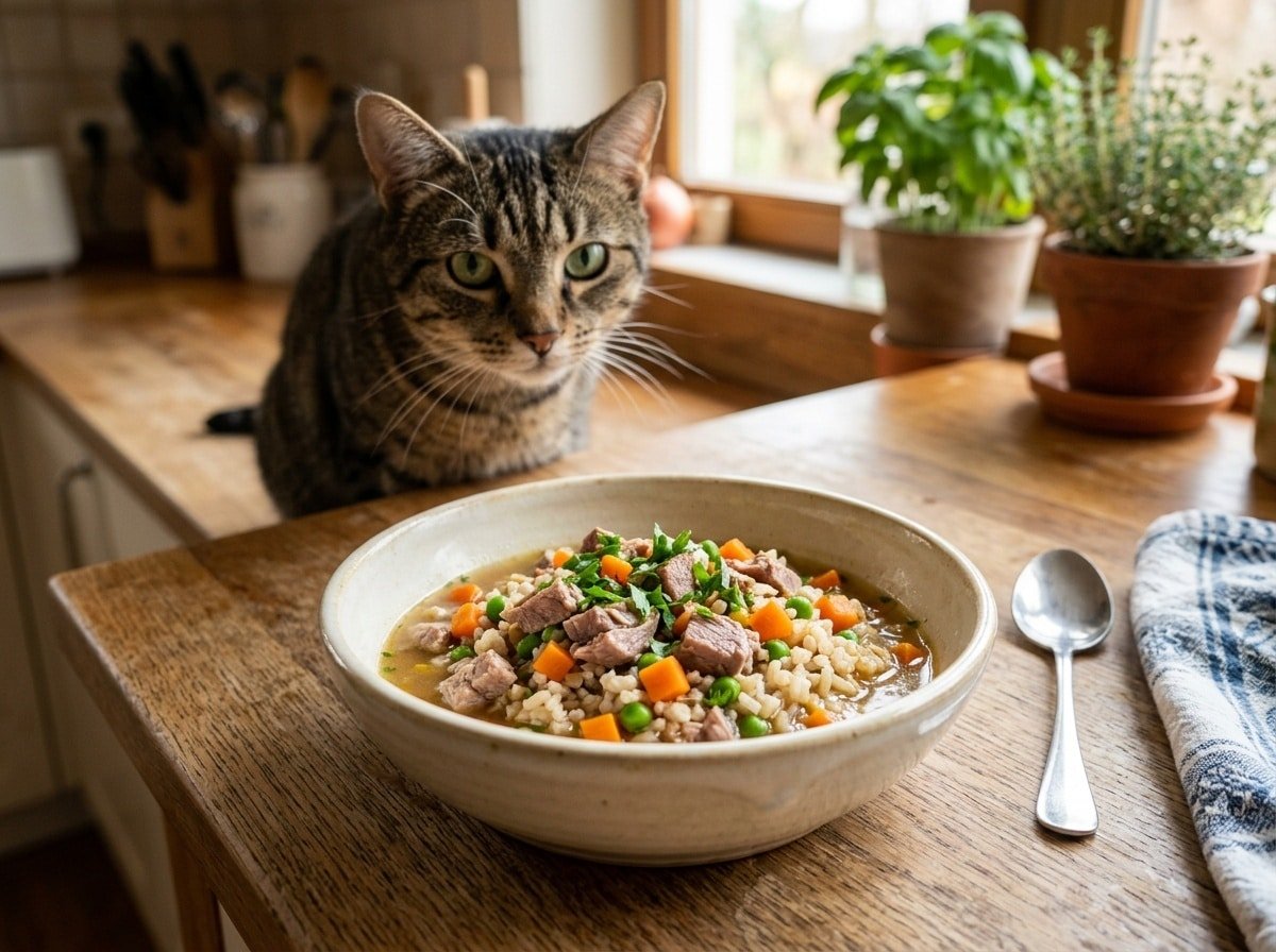 Bowl of homemade duck and brown rice cat food with veggies, next to a curious cat on a wooden surface.