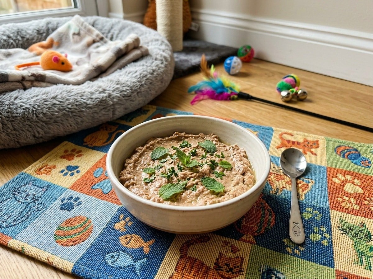 Creamy tuna and chicken pâté for cats in a bowl, surrounded by catnip, on a pet mat.