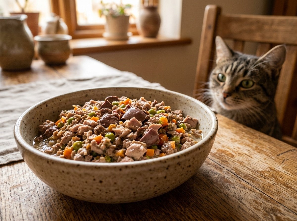 Homemade cat food with ground rabbit meat and liver mixed with vegetables, appealing to cats.