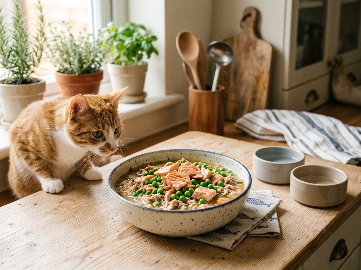 A colorful bowl of blended cat food with salmon and green peas beside a curious cat.