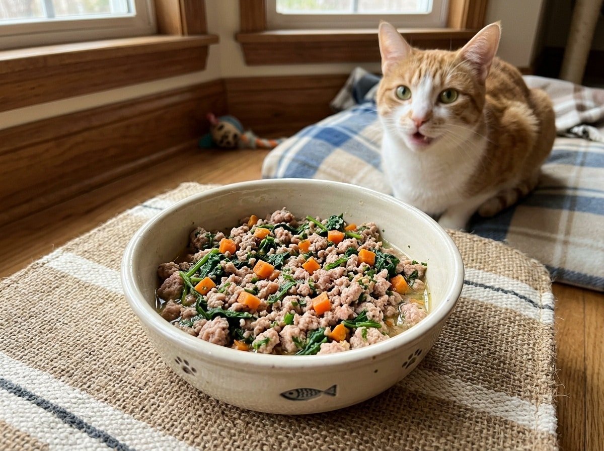 A bowl of Turkey & Spinach homemade cat food with turkey, spinach, and carrots, ready to be served to a cat.