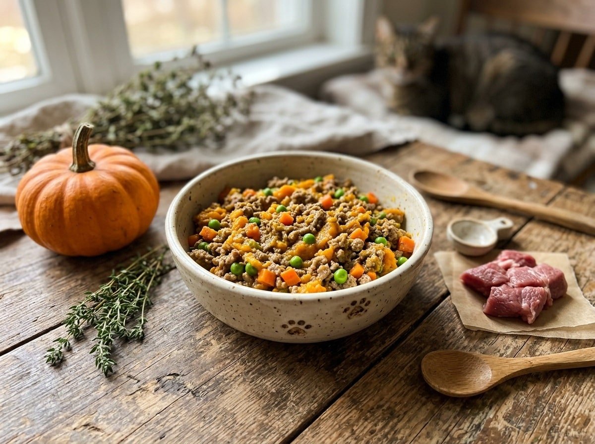 A hearty homemade lamb and pumpkin dinner for cats, with peas and carrots in a bowl on a wooden table.