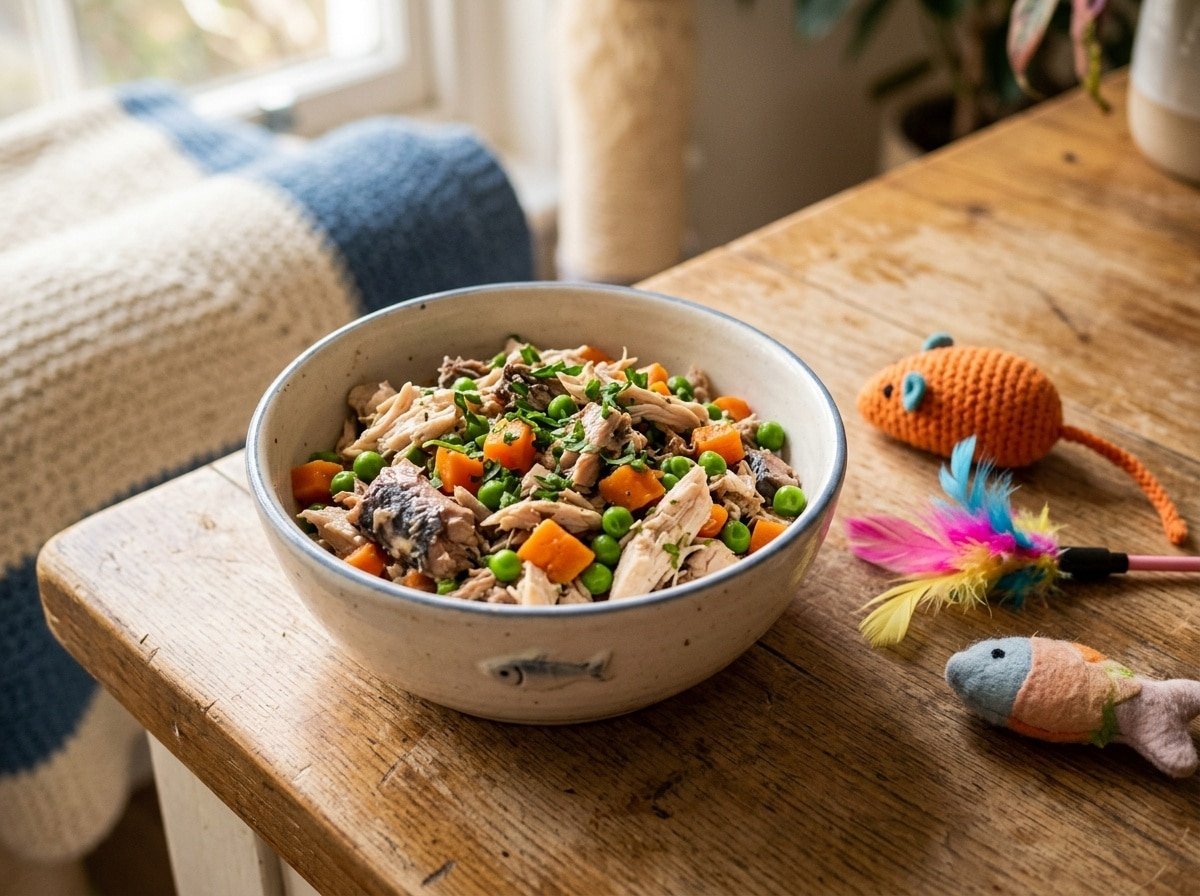 A nutritious Chicken & Mackerel super protein bowl for cats with chicken, mackerel, peas, and carrots on a wooden surface.