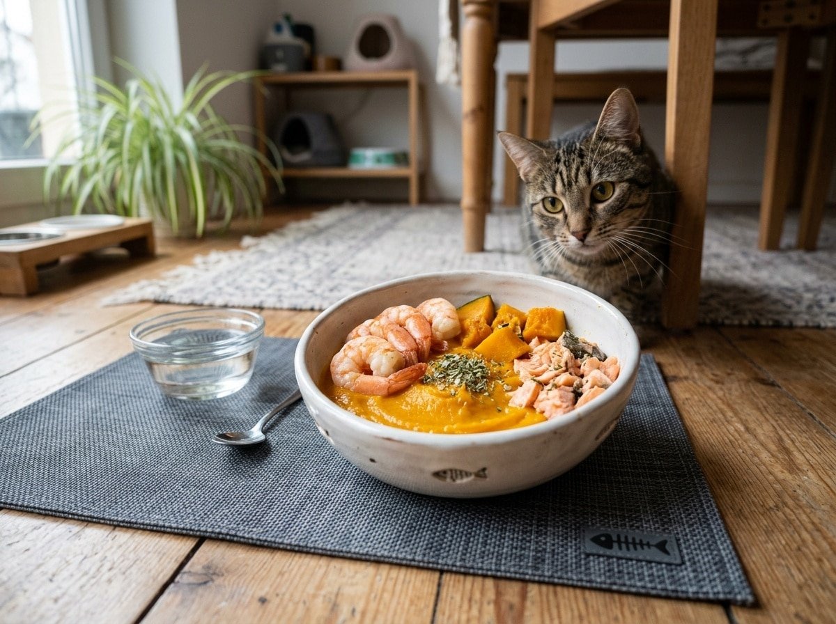 A bowl of shrimp and pumpkin cat food with catnip, ready for serving to a cat.