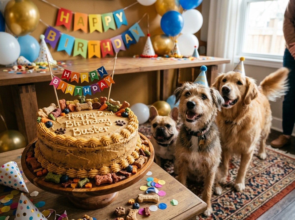 A round Tuna Birthday Cake for dogs decorated with peanut butter frosting and surrounded by colorful dog treats, perfect for a pet birthday celebration.