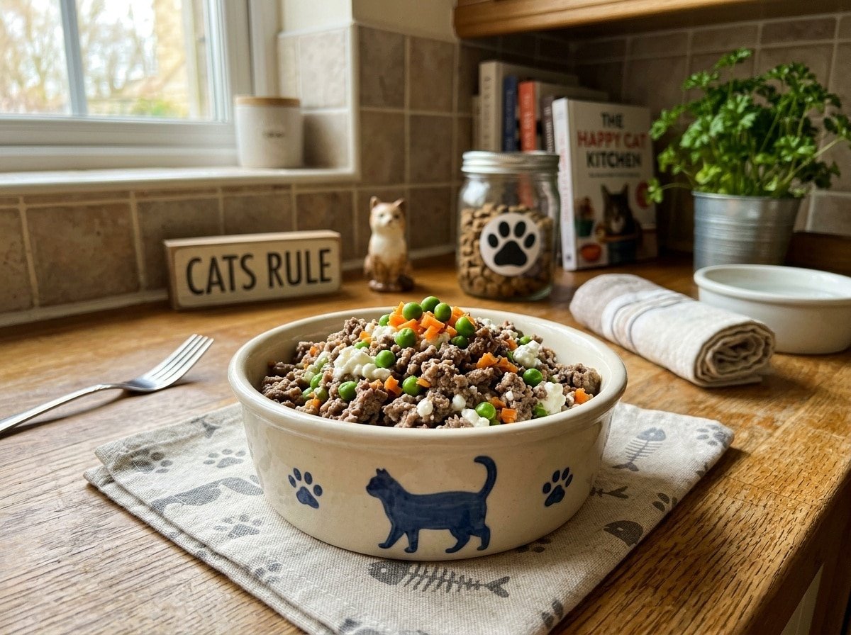 A bowl of beef and cottage cheese cat food with green peas and carrots, set in a warm kitchen.