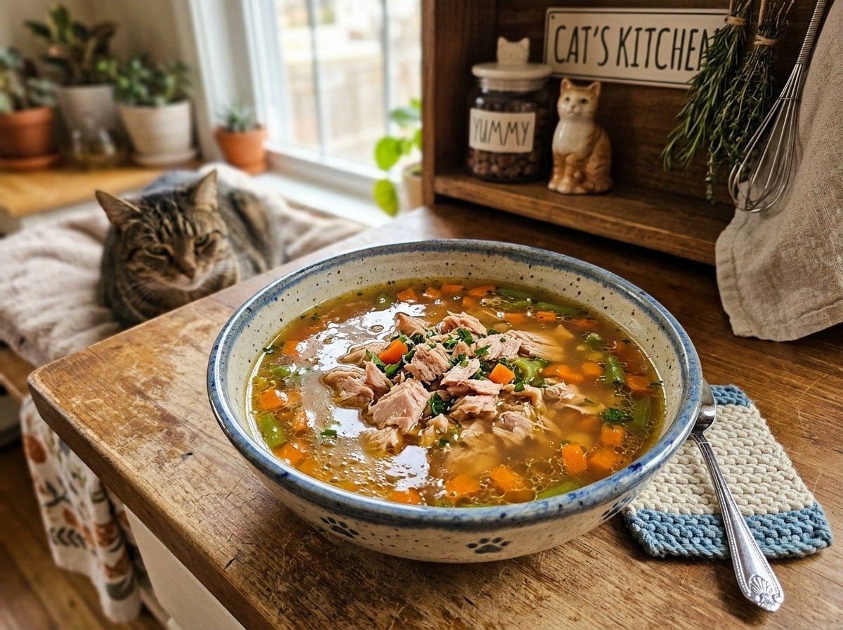 A close-up of Tuna & Bone Broth meal for cats, showcasing its nutritious ingredients.