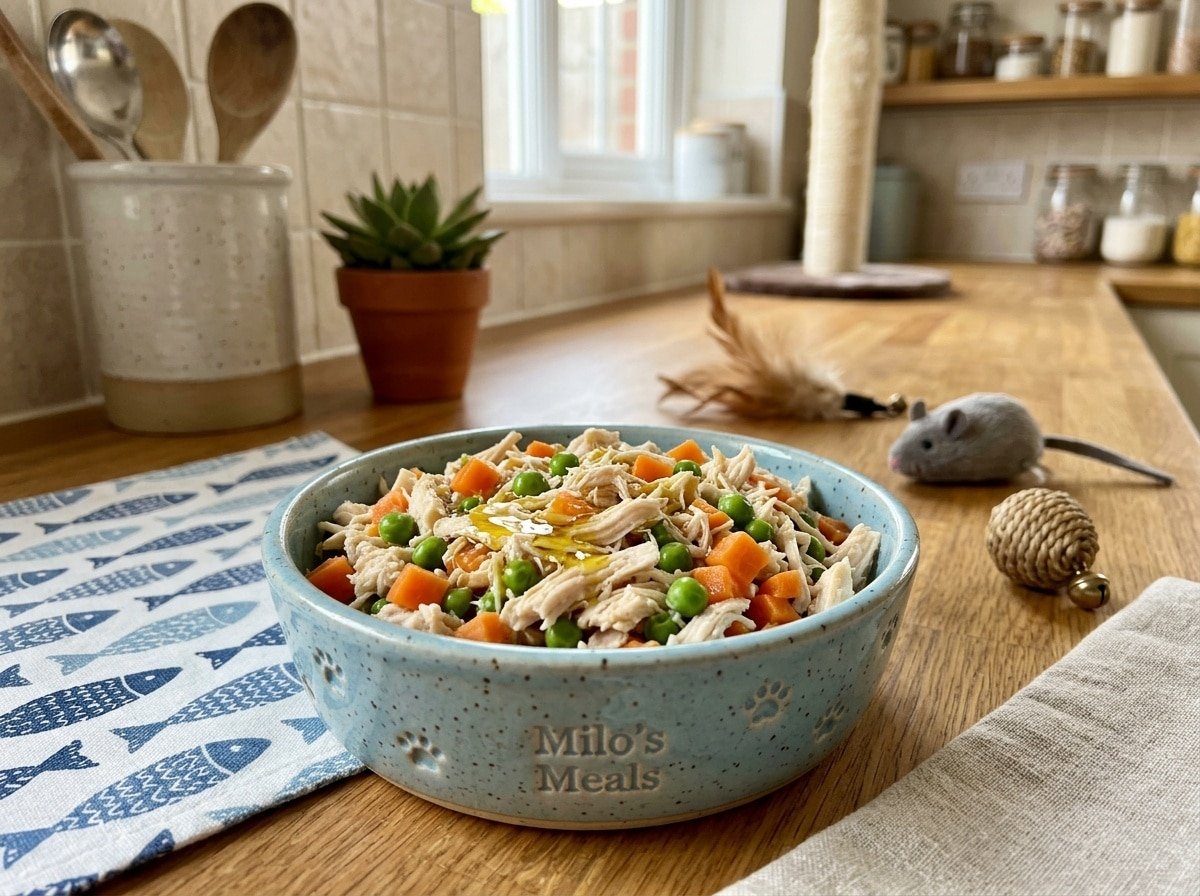 A colorful bowl of homemade cat food with chicken, carrots, and peas on a kitchen counter.