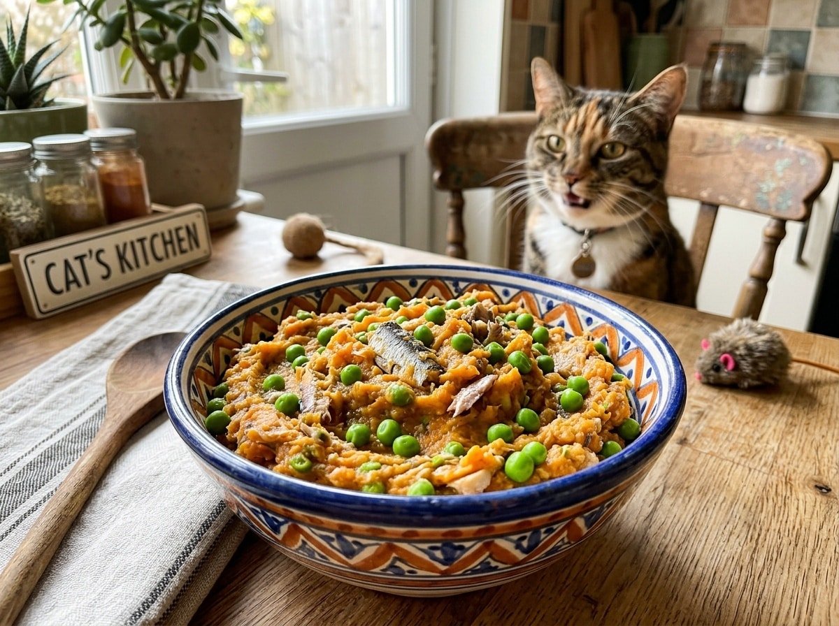 Bowl of homemade sardine and sweet potato cat food with peas, surrounded by a playful cat in a bright kitchen.