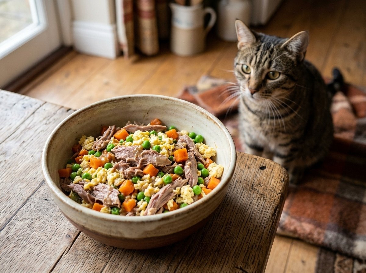 A bowl of homemade cat food featuring duck, eggs, carrots, and peas, presented elegantly on a wooden table with a cat in the background.