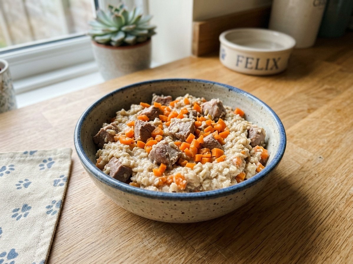 A fresh homemade cat food bowl with rabbit and oatmeal, garnished with carrots, on a countertop.