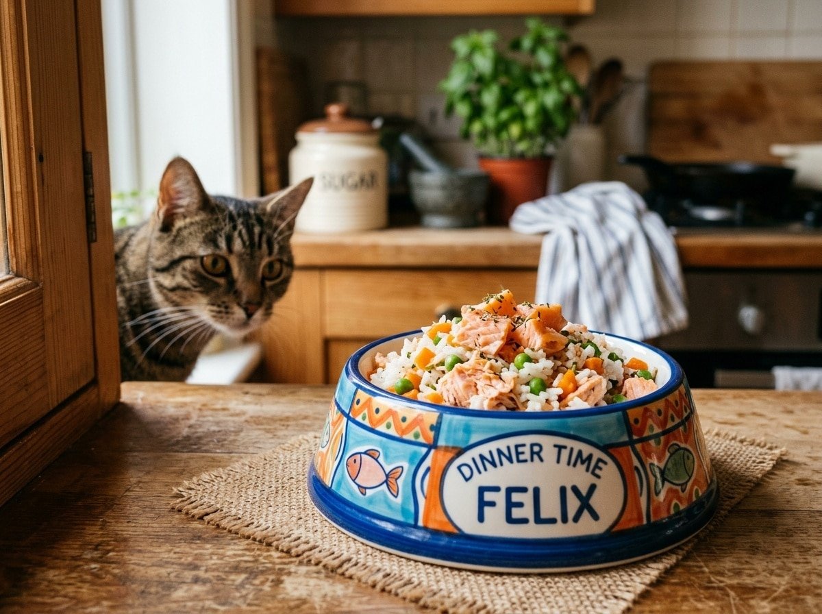 A colorful cat bowl filled with salmon and rice cat food, accompanied by a curious cat in a cozy kitchen.
