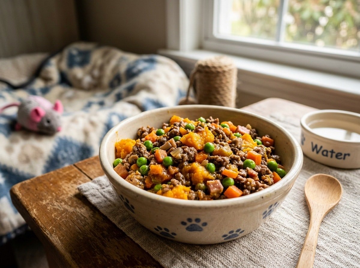 A healthy homemade cat food bowl filled with beef, pumpkin, peas, and carrots, set in a welcoming pet-friendly environment.