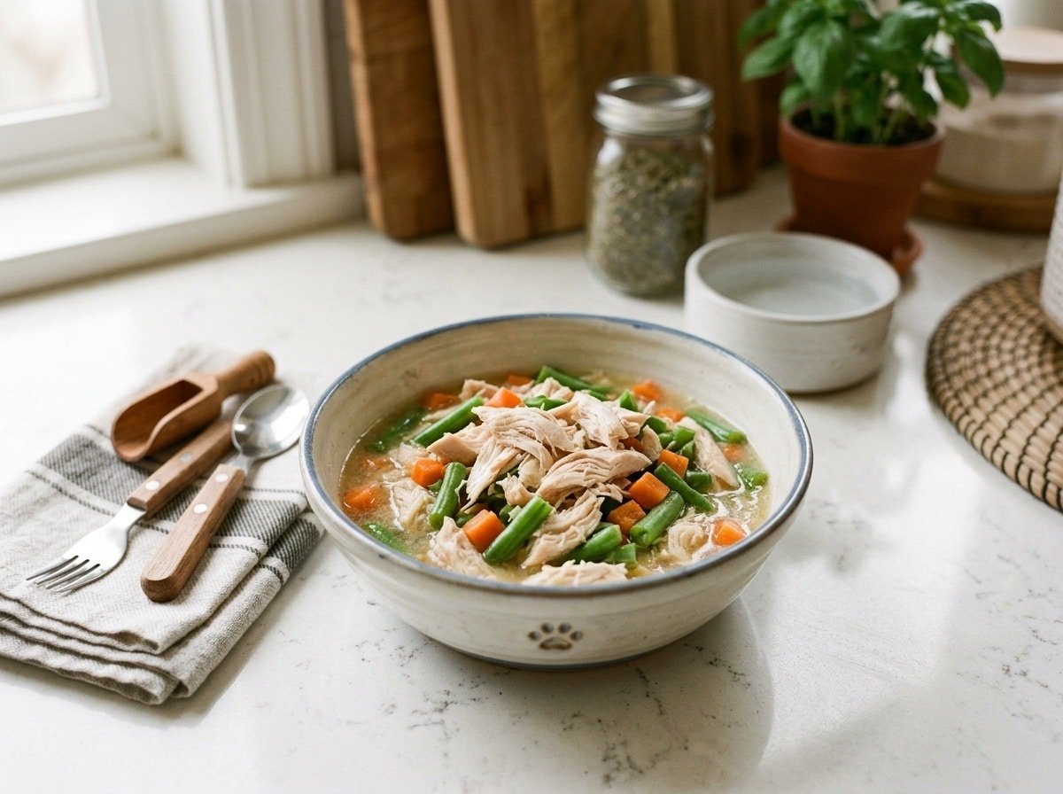 A bowl of homemade cat food with chicken and green beans, ready for serving.