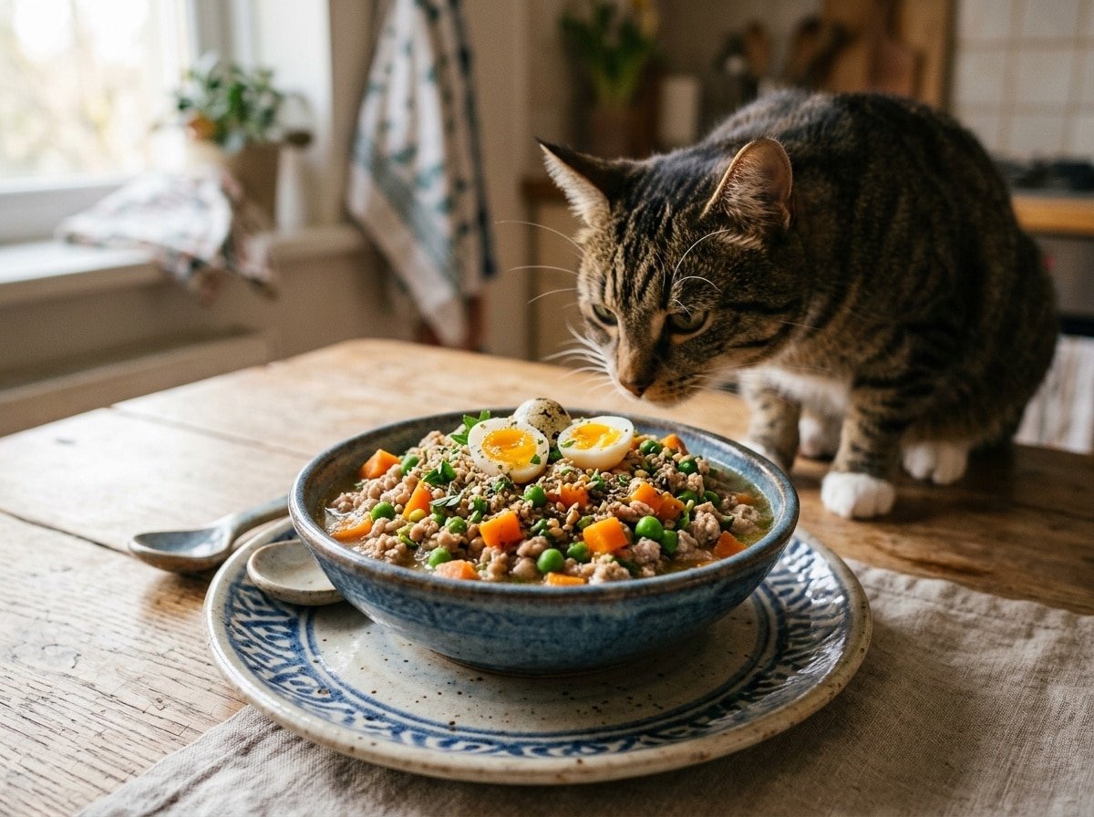 Homemade turkey and quail egg cat food in a bowl with carrots and peas, with a curious cat in the background.