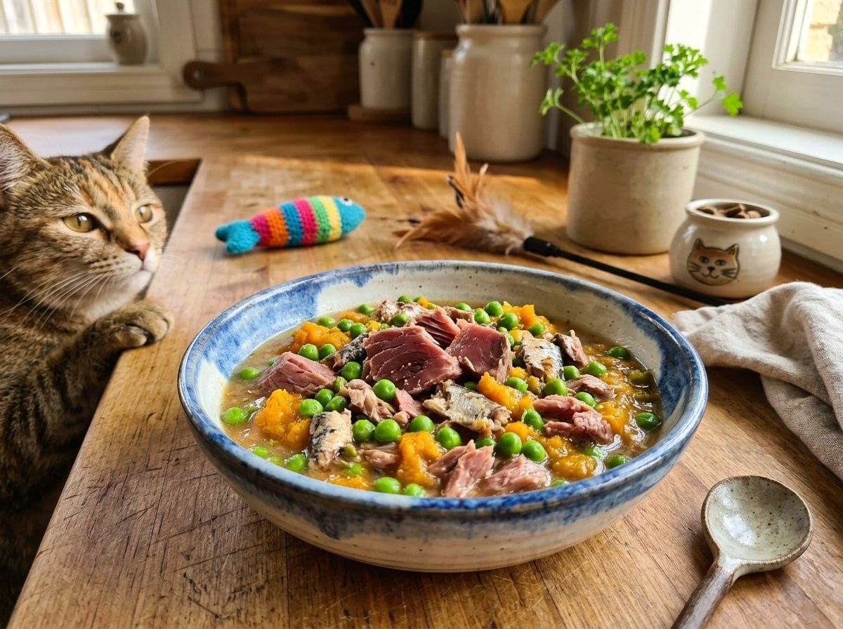 A bowl of Tuna & Sardine Seafood Feast for Cats, filled with tuna, sardines, peas, and pumpkin, with a curious cat nearby.