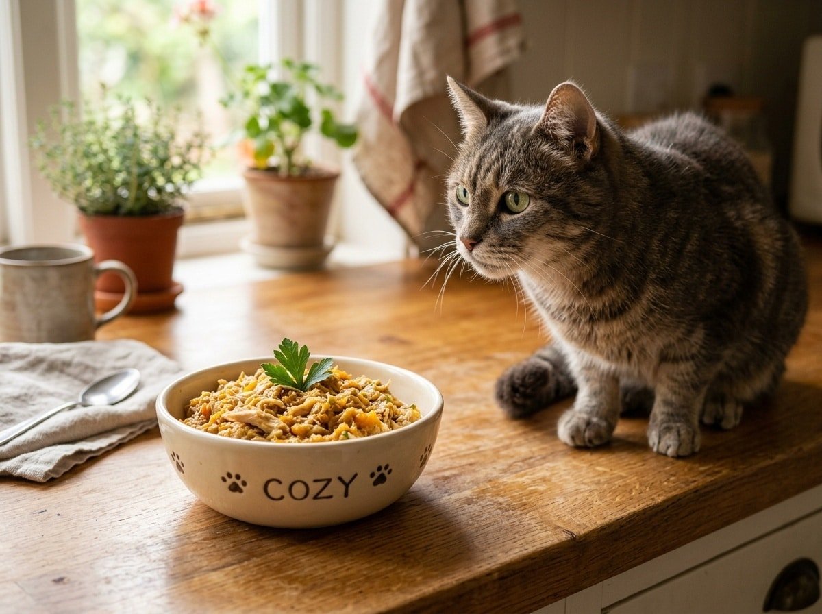 Homemade chicken and pumpkin cat food in a bowl, ready for a senior cat.