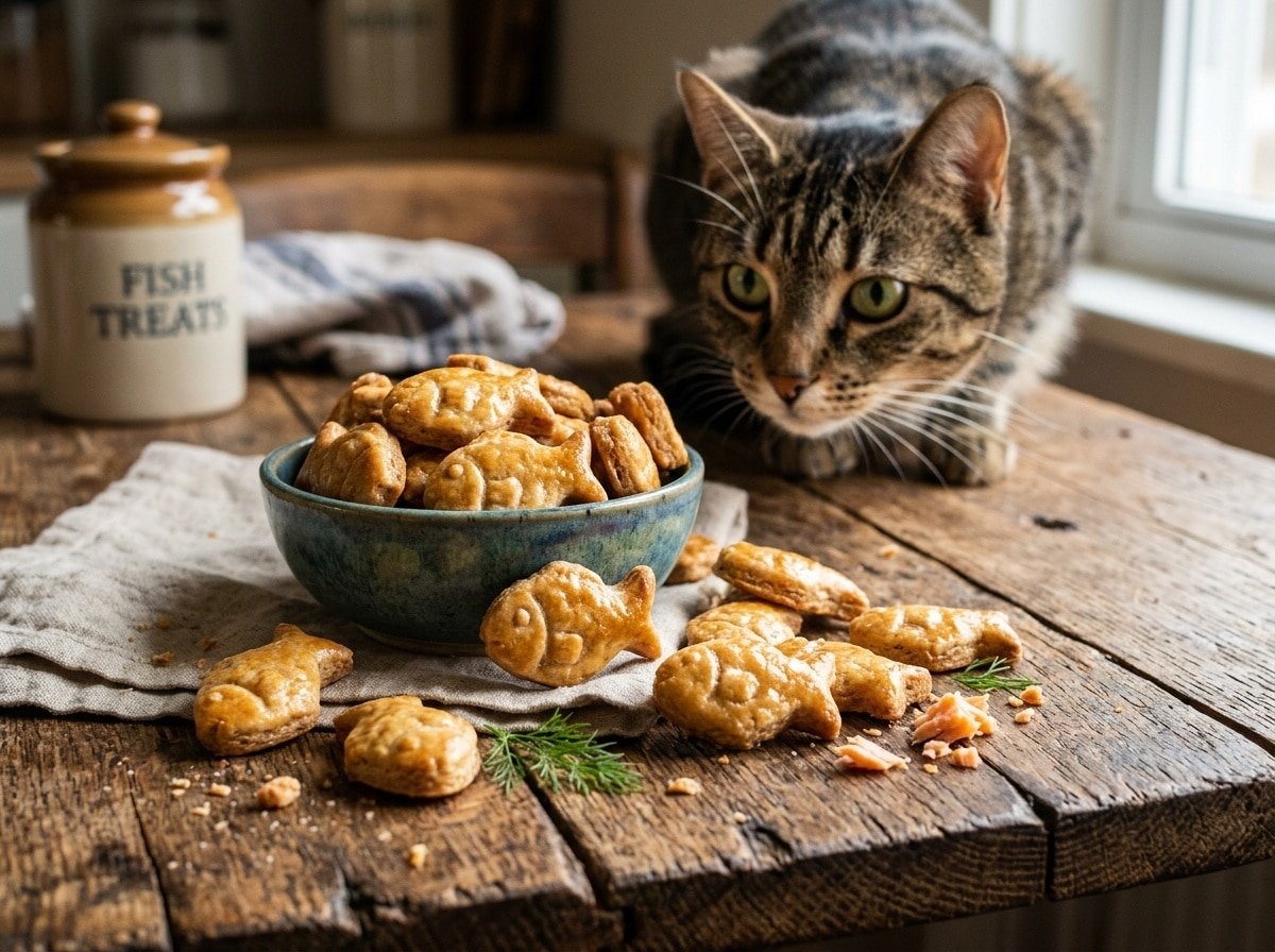 Homemade salmon and coconut cream cat treats shaped like fish, with a cat in the background eagerly watching.