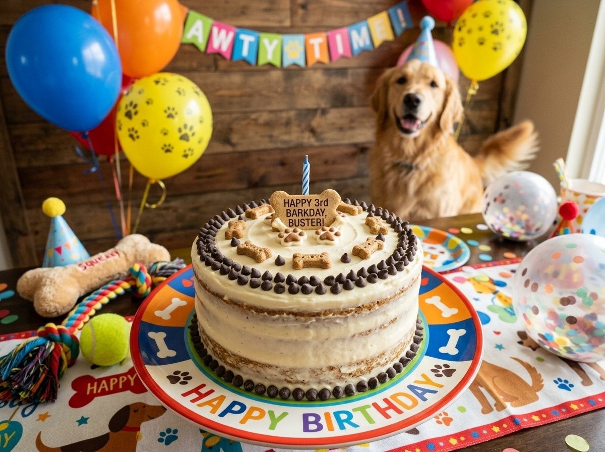 A decorated birthday cake for dogs made with duck and sweet potato, garnished with yogurt frosting and carob chips.