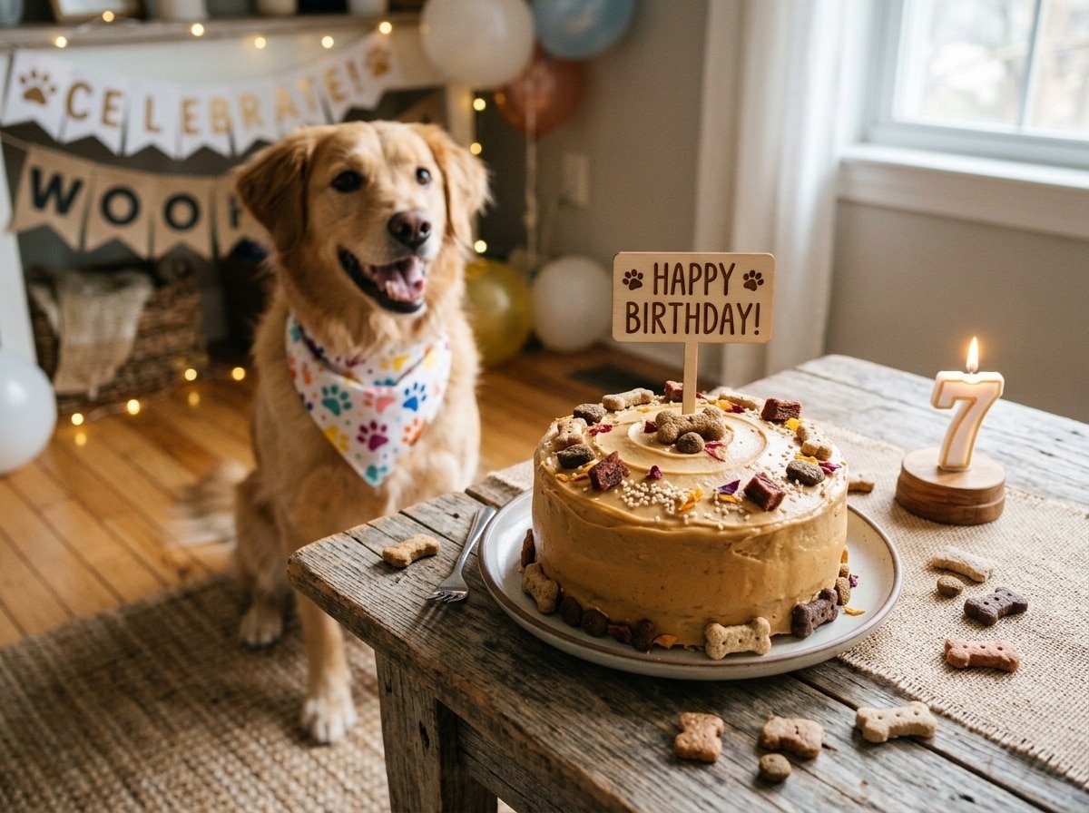 A homemade venison cake for dogs, topped with peanut butter and surrounded by dog treats, with a happy dog in the background.