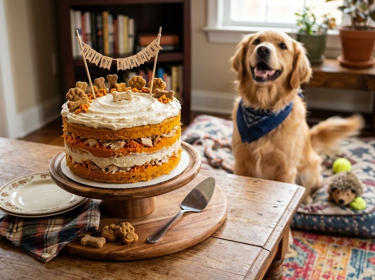 A delightful Chicken & Pumpkin layer cake for dogs, featuring yogurt frosting and dog treats, surrounded by a playful puppy.
