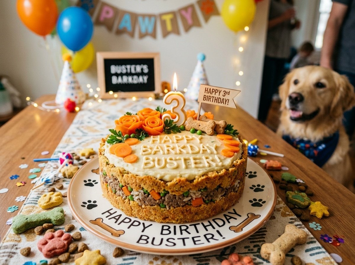 A festive beef and carrot dog cake topped with carrot decorations, set on a colorful plate, surrounded by dog treats.