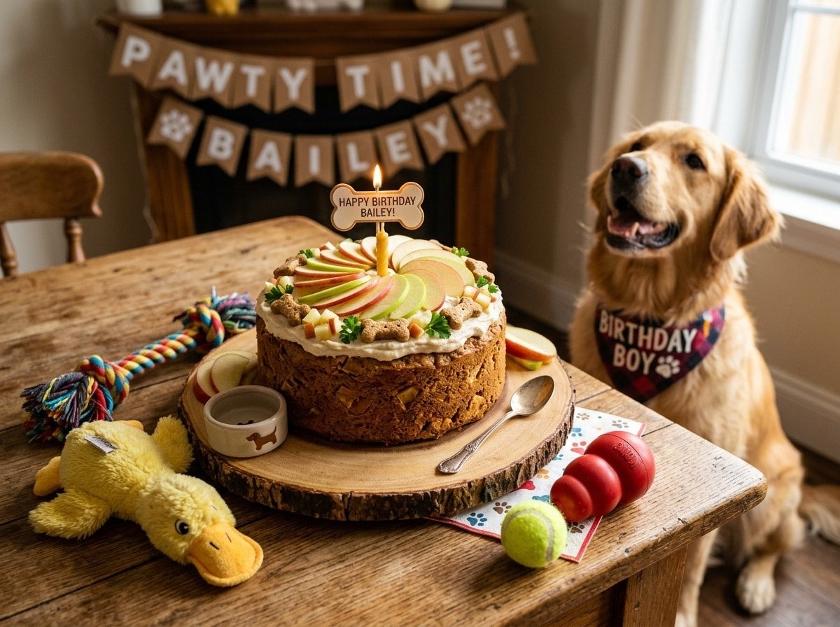 A homemade dog cake made with duck and apples, garnished with apple slices, served on a wooden table.