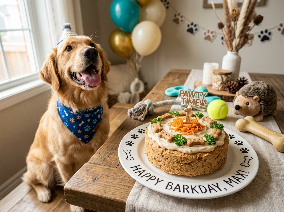 Salmon and Sweet Potato cake for dogs, served on a plate with dog toys around it.