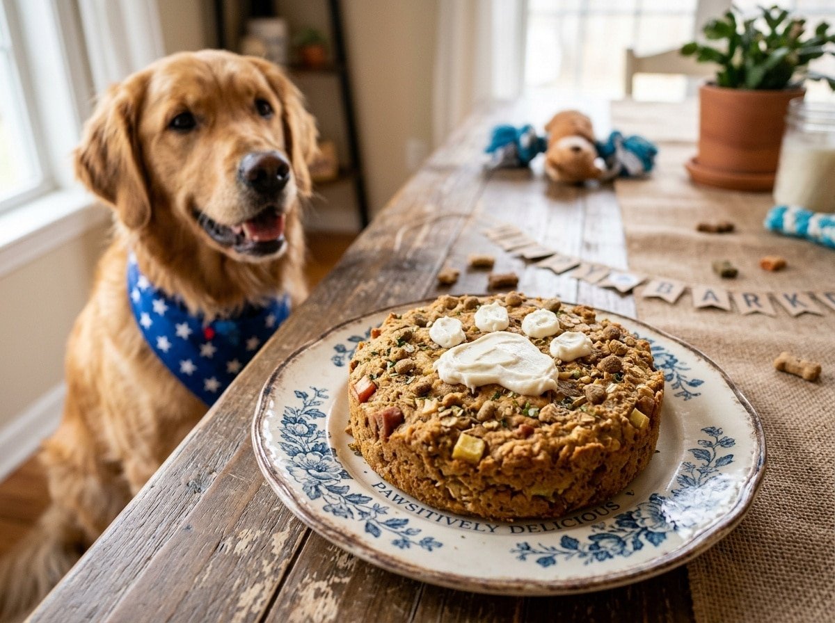 A dog-friendly Pork and Apple Cake with paw print decoration, with a dog eagerly looking at it on a festive table.