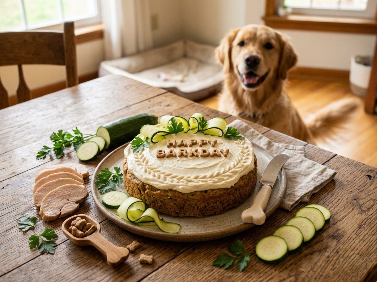 Turkey & Zucchini Cake for dogs, decorated with yogurt frosting, on a rustic table with zucchini and turkey.