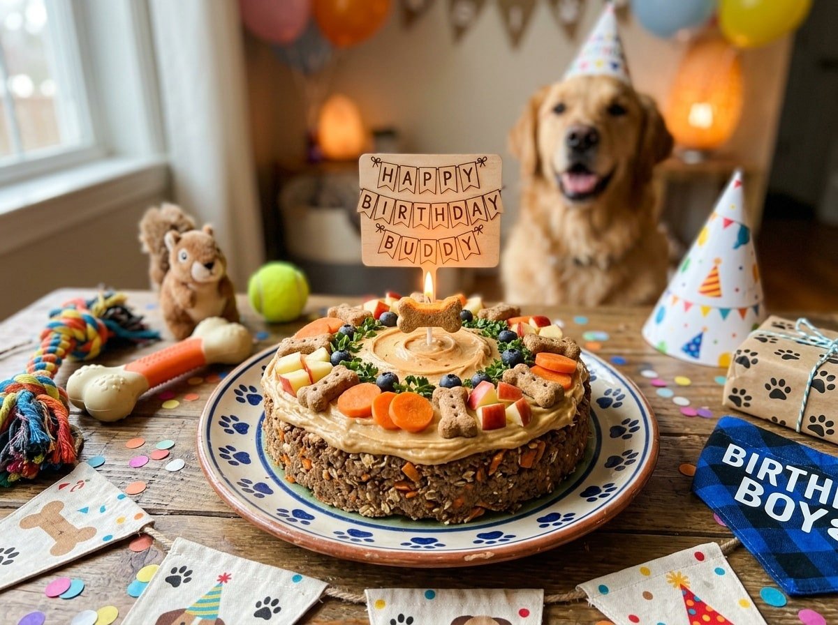 A festive dog cake made of beef and oats, decorated with peanut butter and dog treats.
