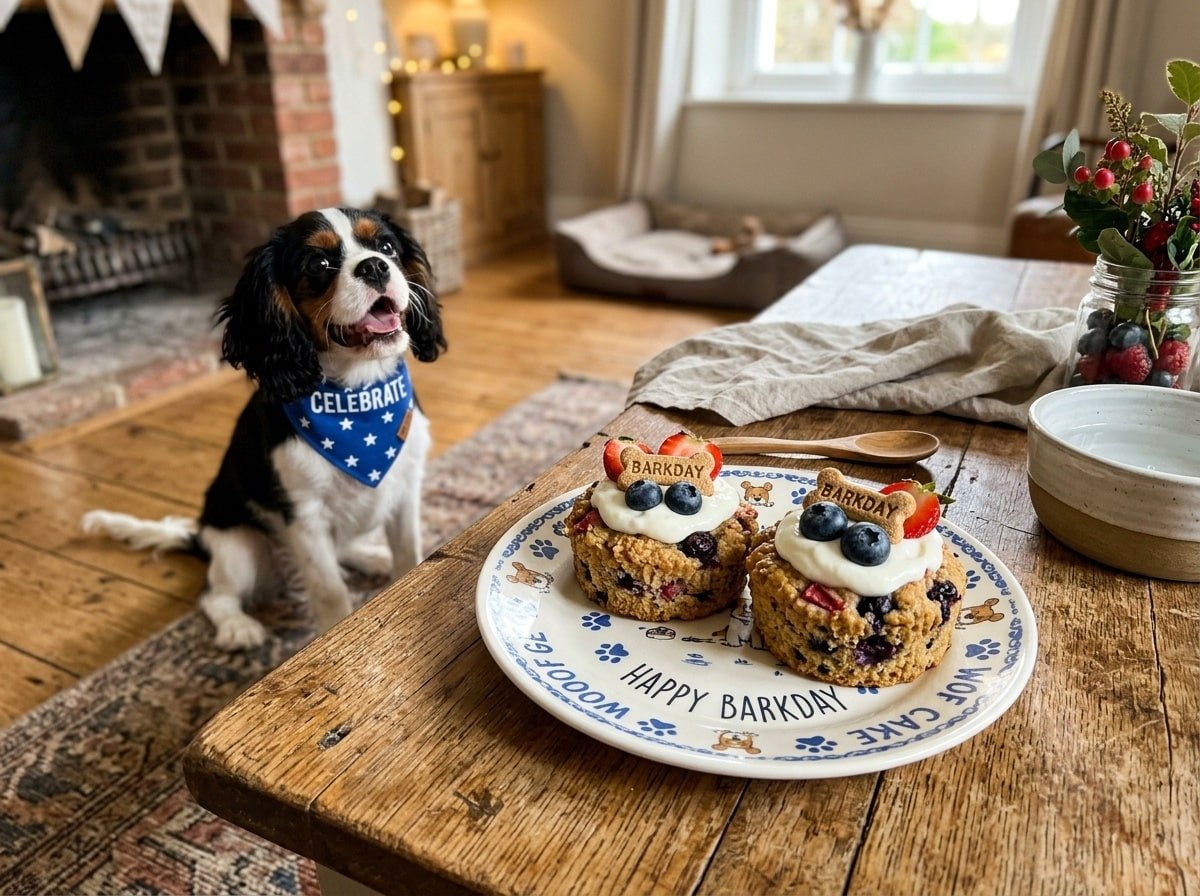 Mini Cottage Cheese Berry Cakes for dogs, decorated with berries, on a rustic table with a puppy in the background.