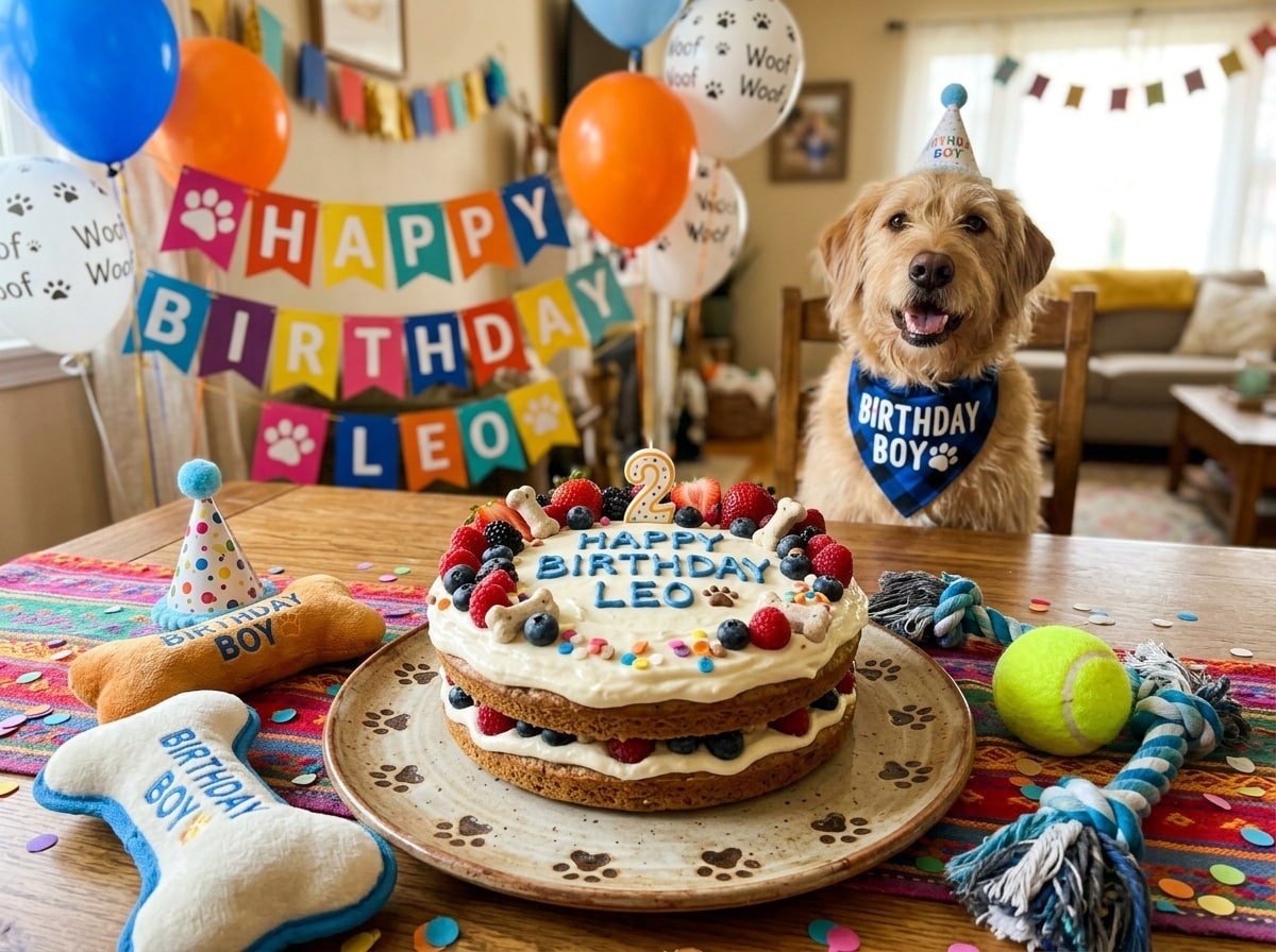 A colorful Yogurt Berry Birthday Cake for dogs topped with fresh fruits and yogurt frosting, set on a festive table.