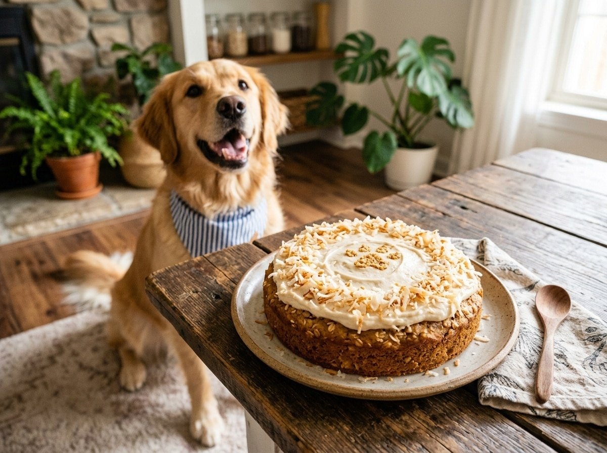 Homemade Banana Coconut Cake for dogs, garnished with shredded coconut, with a joyful dog waiting to eat it.