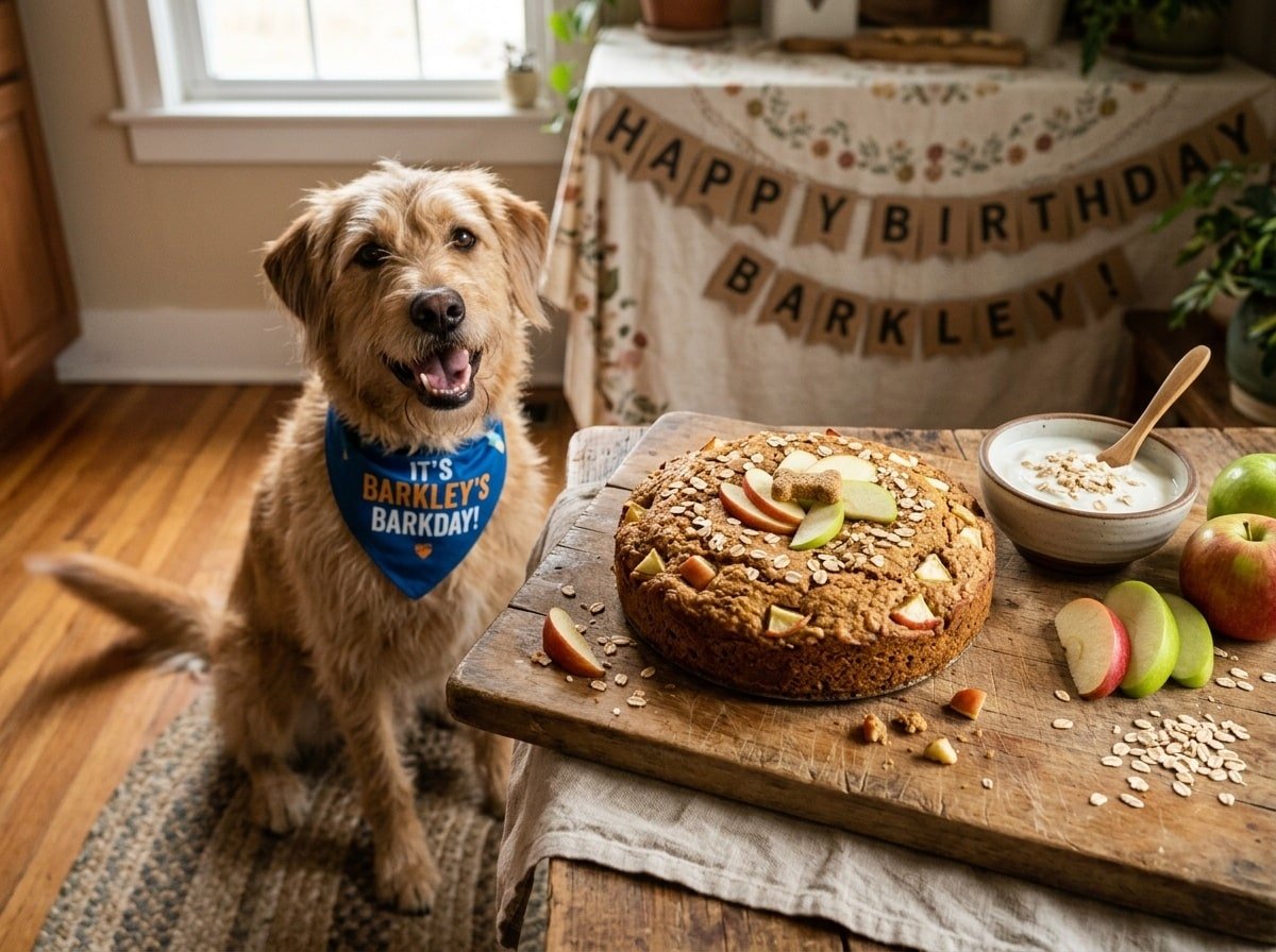 A golden apple oat cake for dogs on a wooden board, decorated with apple slices and yogurt, with a dog waiting nearby.