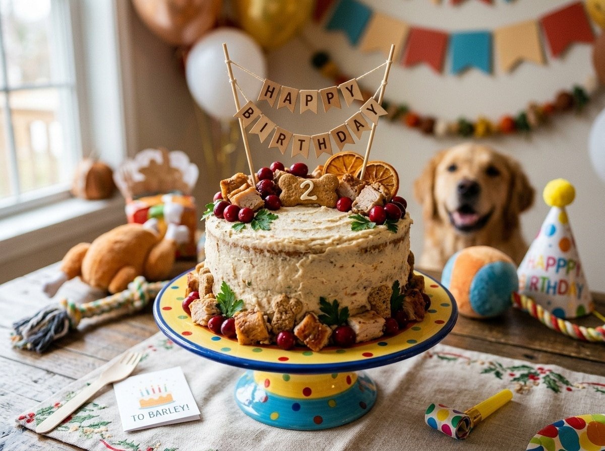A homemade turkey and cranberry dog cake on a stand, garnished with cranberries.