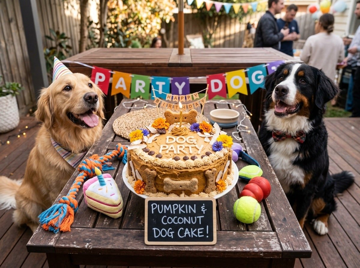 A festive pumpkin coconut cake for dogs, decorated with peanut butter frosting, surrounded by happy dogs.