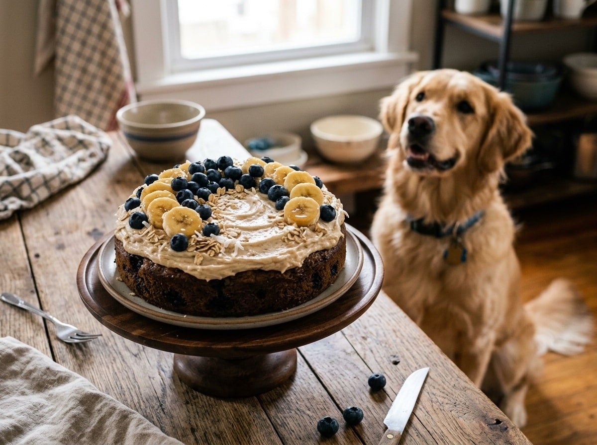 A Blueberry Banana Cake for dogs topped with blueberries and banana slices on a rustic table, with a dog in the background.