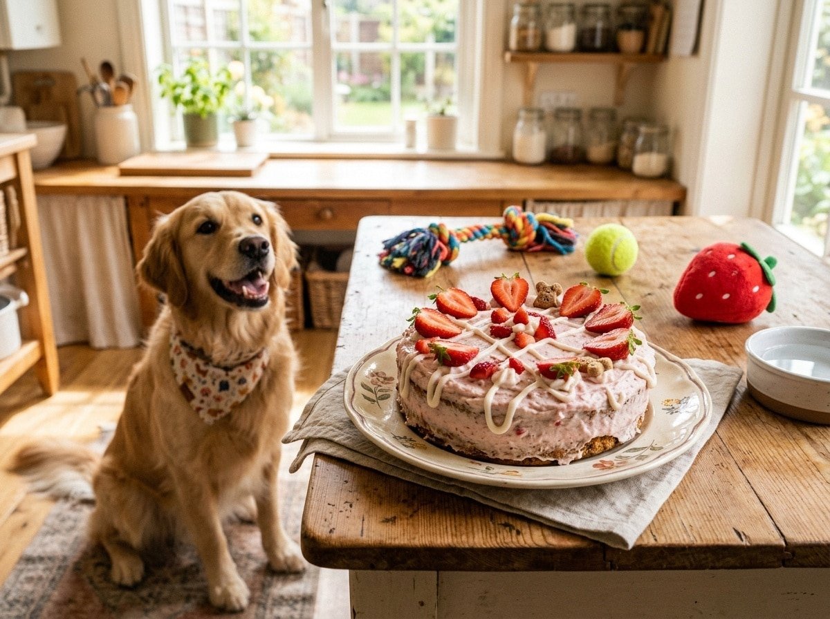 Homemade Strawberry Yogurt Cake for dogs, decorated with strawberries and yogurt, with a dog in the background.