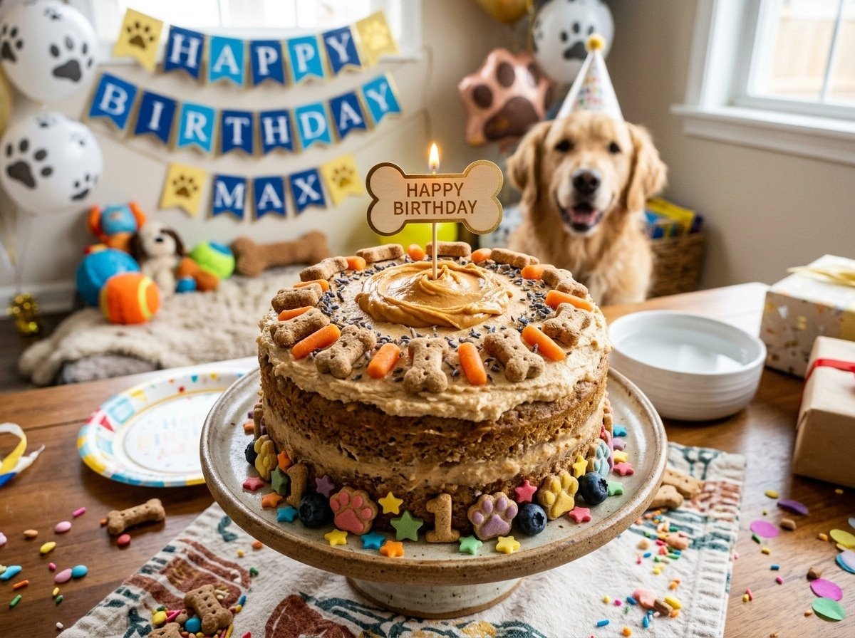 A homemade quail birthday cake for dogs, decorated with peanut butter and dog treats, in a festive setting.