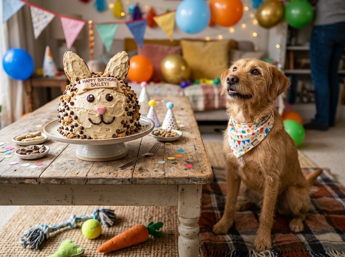 A Rabbit Celebration Cake for Dogs decorated with frosting and carob chips, with an excited dog beside it on a colorful party-themed table.