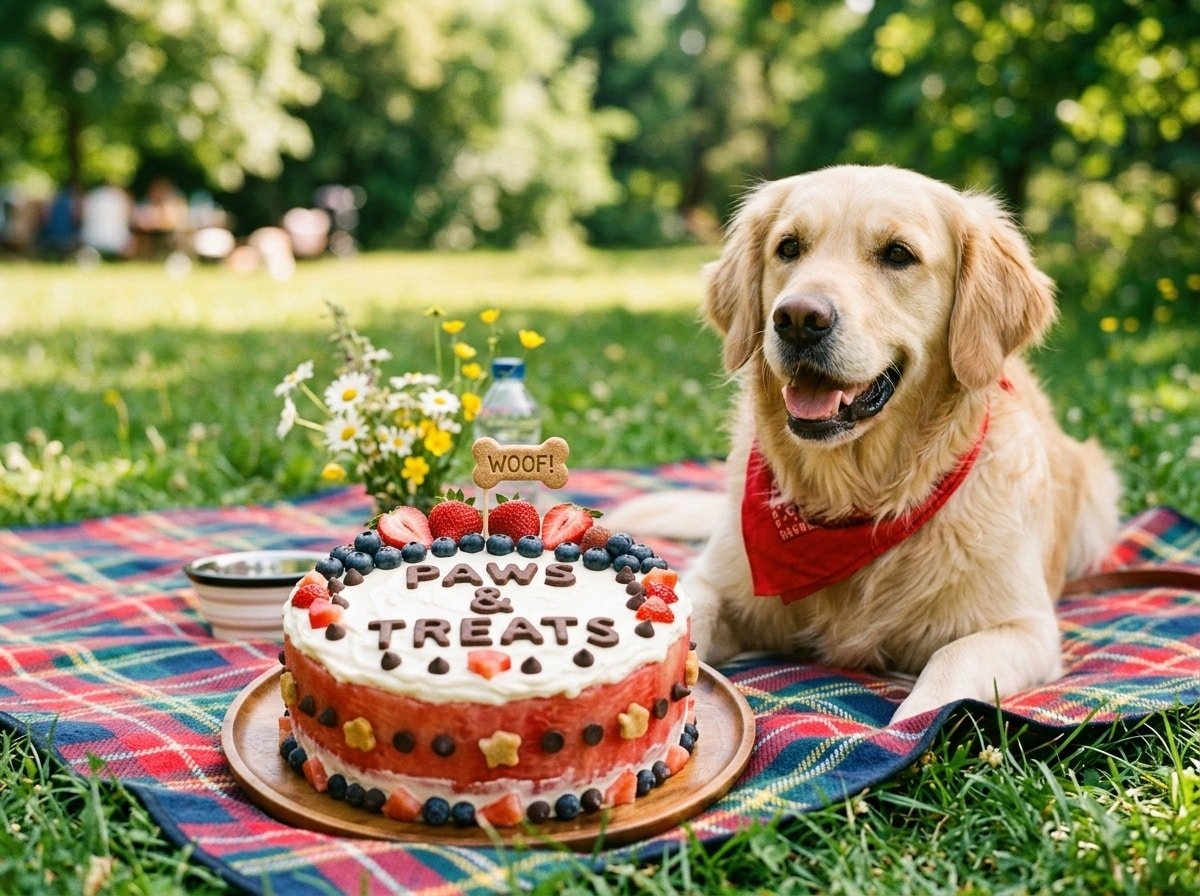 A colorful dog-friendly watermelon cake topped with yogurt and garnished with fruits, served outdoors.
