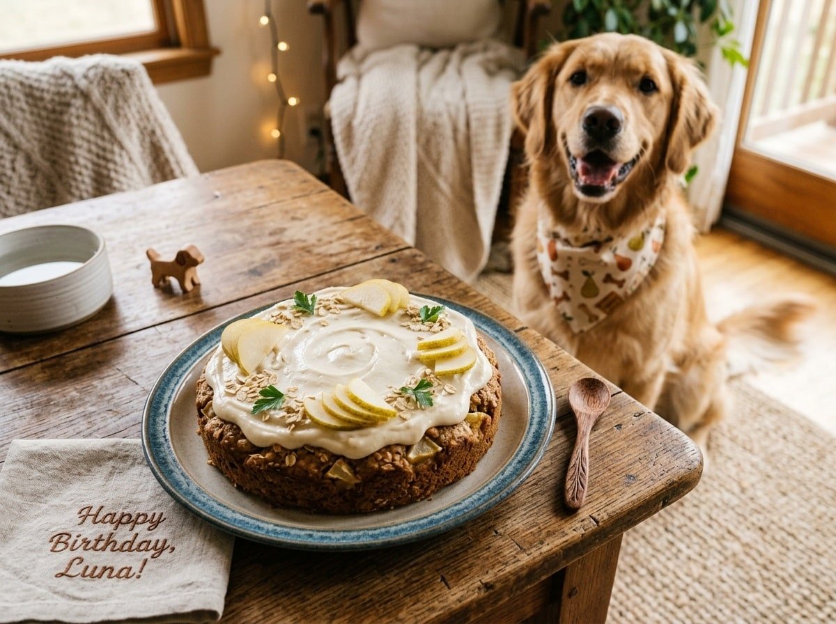 A freshly baked Pear Oat Cake for Dogs, decorated with icing and pear slices, with a dog in the background.