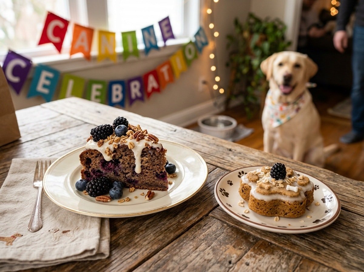 A fresh blackberry banana cake with slices and lively blackberries on a wooden table, accompanied by a dog-friendly paw-print cake.