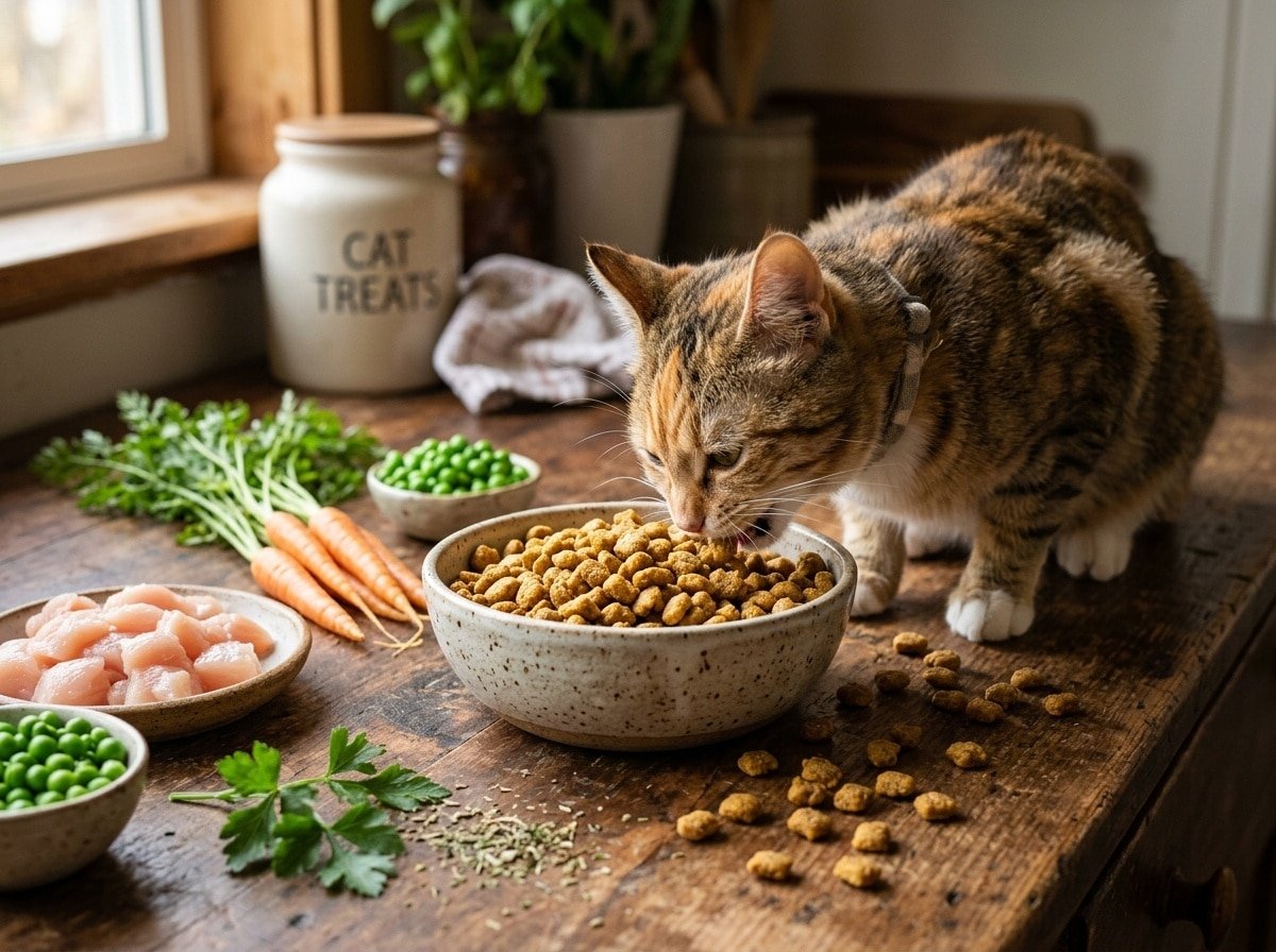 A bowl of homemade cat kibble surrounded by ingredients like chicken, peas, and carrots, with a cat nearby.