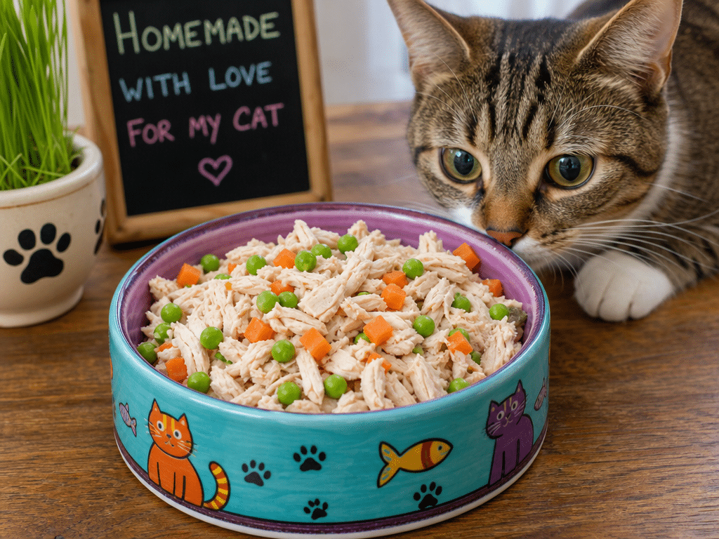 A bowl of homemade chicken and turkey cat food with carrots and peas, perfect for strong cats, displayed with a curious cat in the background.