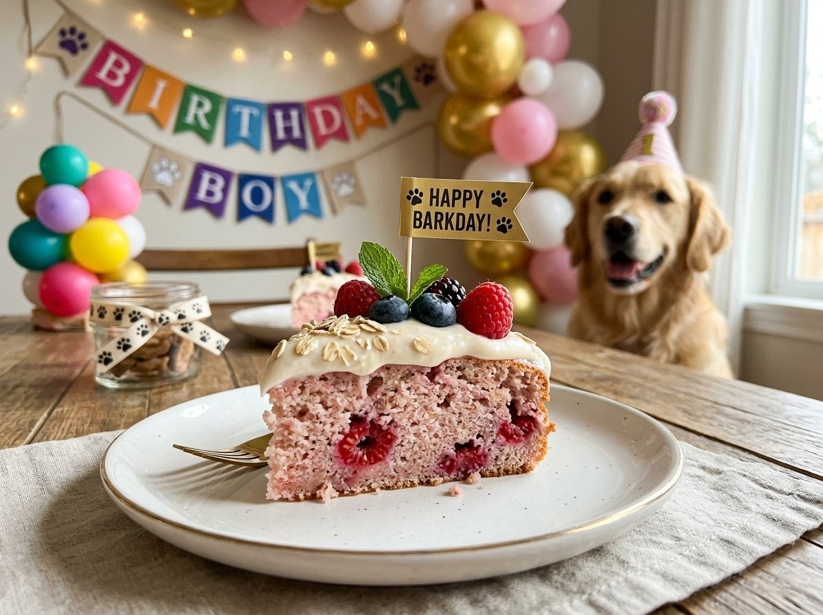 A slice of raspberry yogurt cake for dogs on a plate, garnished with berries, set against a cheerful birthday backdrop.