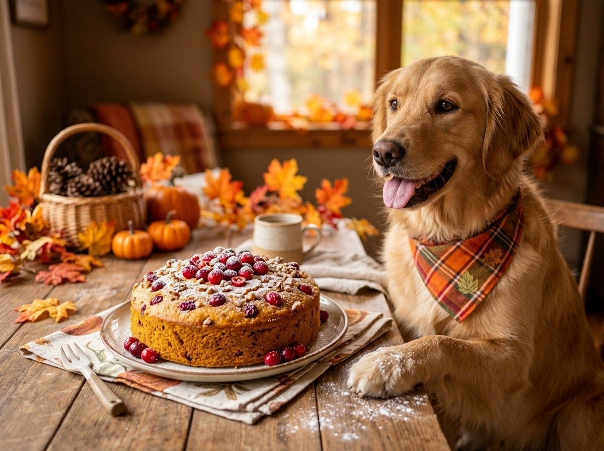 A dog looking happily at a cranberry pumpkin cake decorated with cranberries, set against an autumn backdrop.