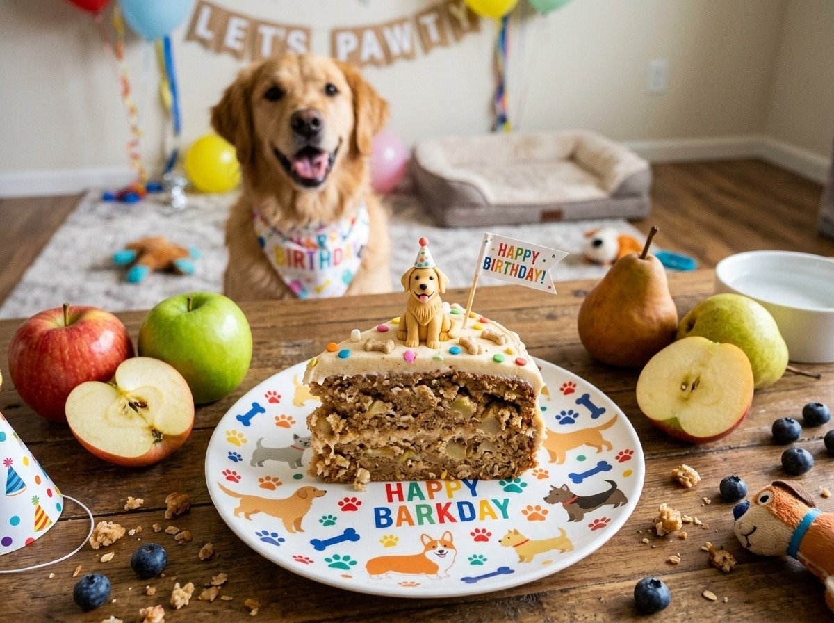 A slice of moist Apple Pear Dog Cake on a plate with fresh apples and pears, with a happy dog in the background.